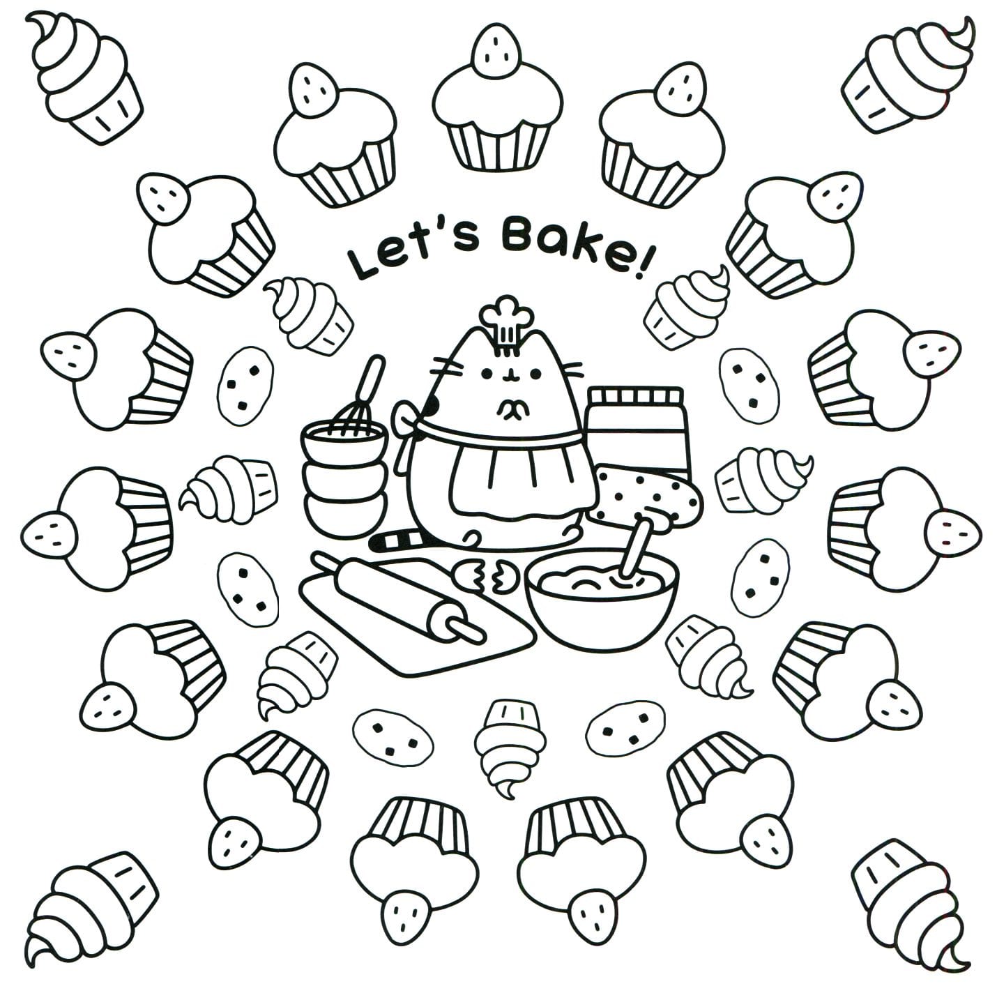 Online coloring book: Pusheen is baking cupcakes coloring page